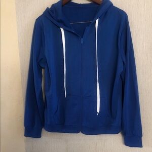 Blue Zip-Up Hooded Sweatshirt with White Drawstrings